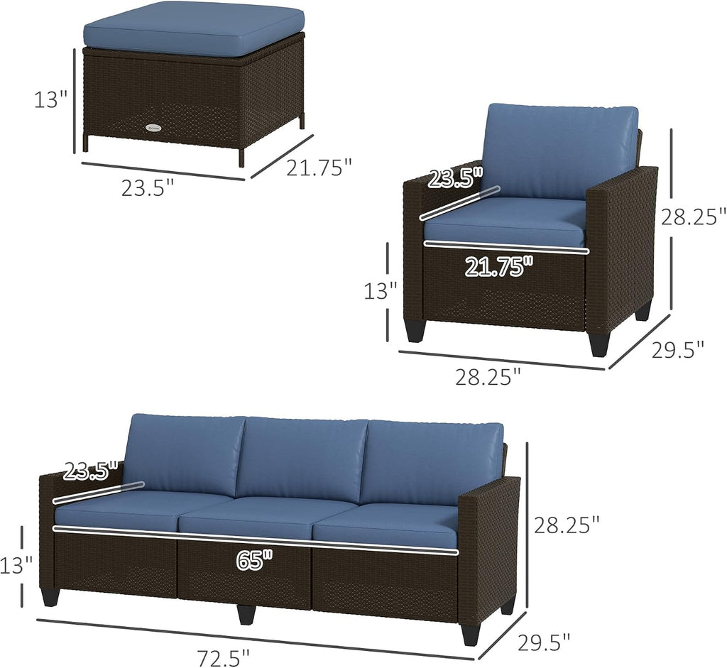 Outsunny 5 Piece Patio Furniture Set with Cushions, Outdoor Conversation Set with Rattan 3-Seater Sofa, Chairs & Footstools for Backyard, Lawn and Pool, Deep Coffee