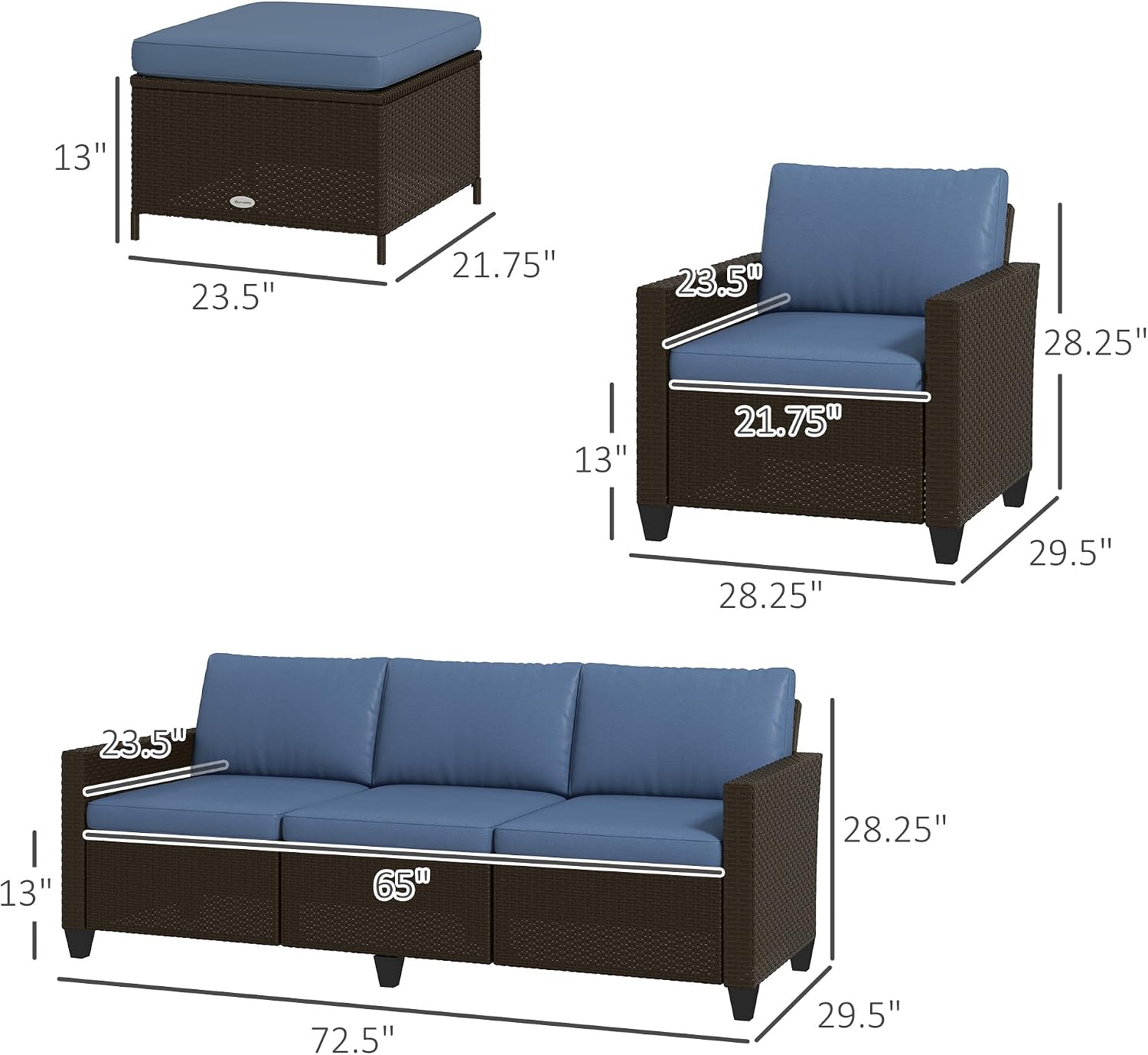 Outsunny 5 Piece Patio Furniture Set with Cushions, Outdoor Conversation Set with Rattan 3-Seater Sofa, Chairs & Footstools for Backyard, Lawn and Pool, Deep Coffee