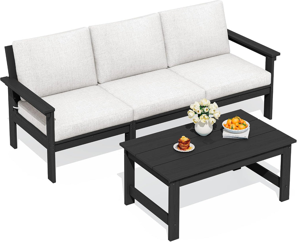 SERWALL HDPE Patio Sofa Set, 4-piece Sectional Outdoor Furniture Set, All Weather Outdoor Couch Set Patio Furniture Set for Deck, Lawn, Black Frame with Khaki Cushion
