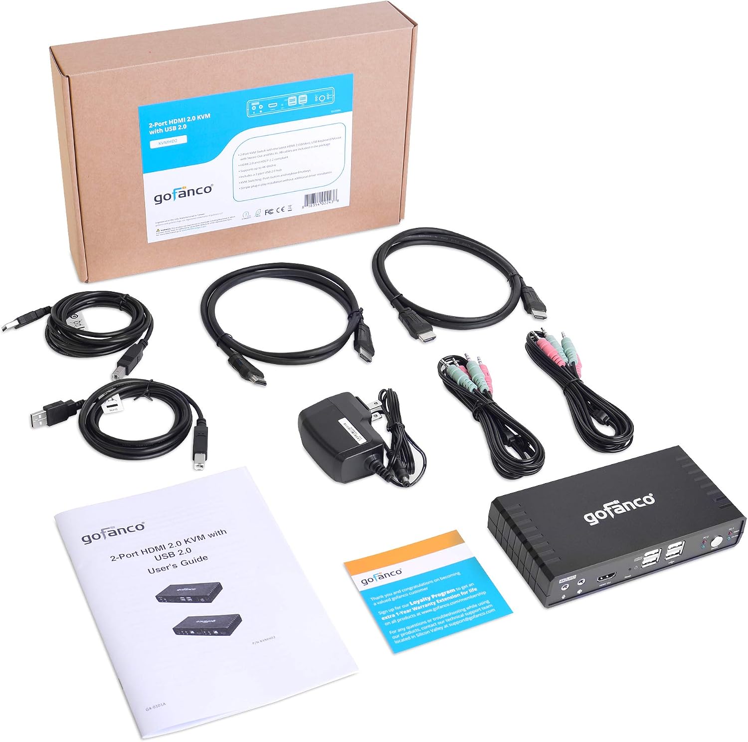 gofanco Single Monitor HDMI 2.0 KVM Switch (2 Port) – 4K 60Hz 4:4:4, 18Gbps, HDCP 2.2, Keyboard & Mouse Switcher with USB 2.0 Hub and Audio, Mic in/Stereo Out, Hotkey Switching, Cables Included