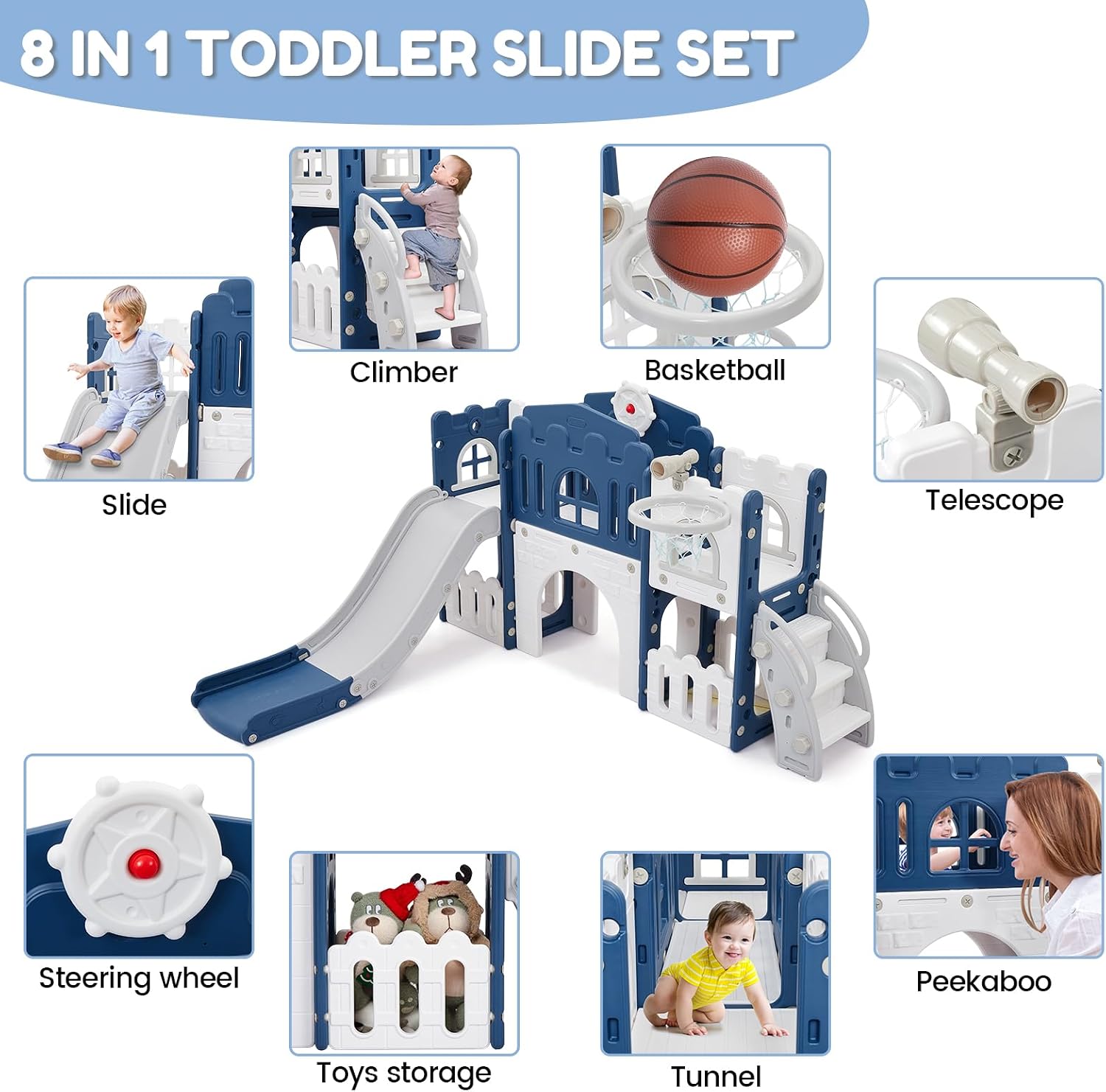 GAOMON 8 in 1 Toddler Slide Indoor Playground, Indoor Slide Toddler Playset for Toddlers 1-3, Kids Outdoor Playground with Basketball Hoop, Climber, Crawling Tunnel, Telescope, Toy Storage