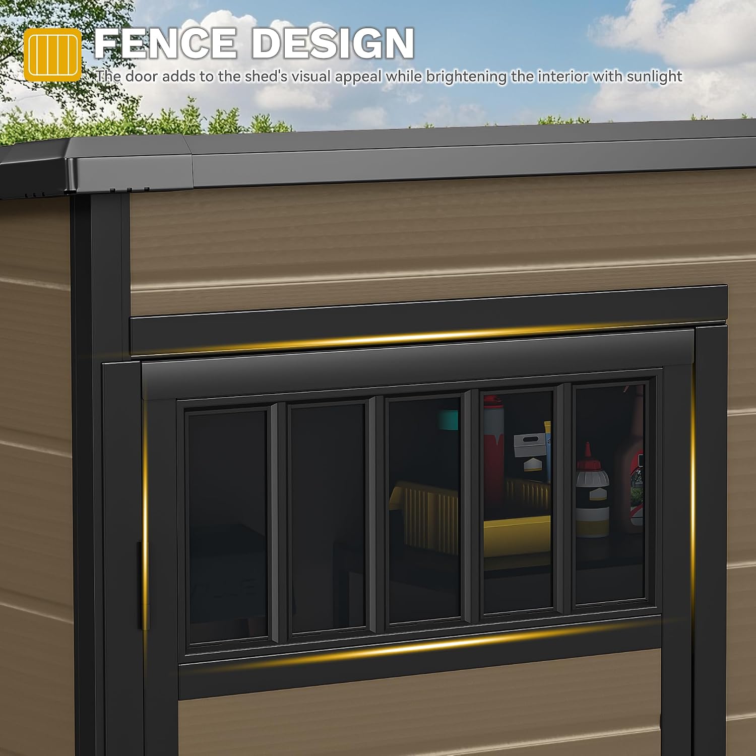 DWVO 5x3FT Outdoor Storage Shed with Fence-Style and Side Windows, Floor, Lockable Doors, Plastic Storage for Backyard and Garden, Brown