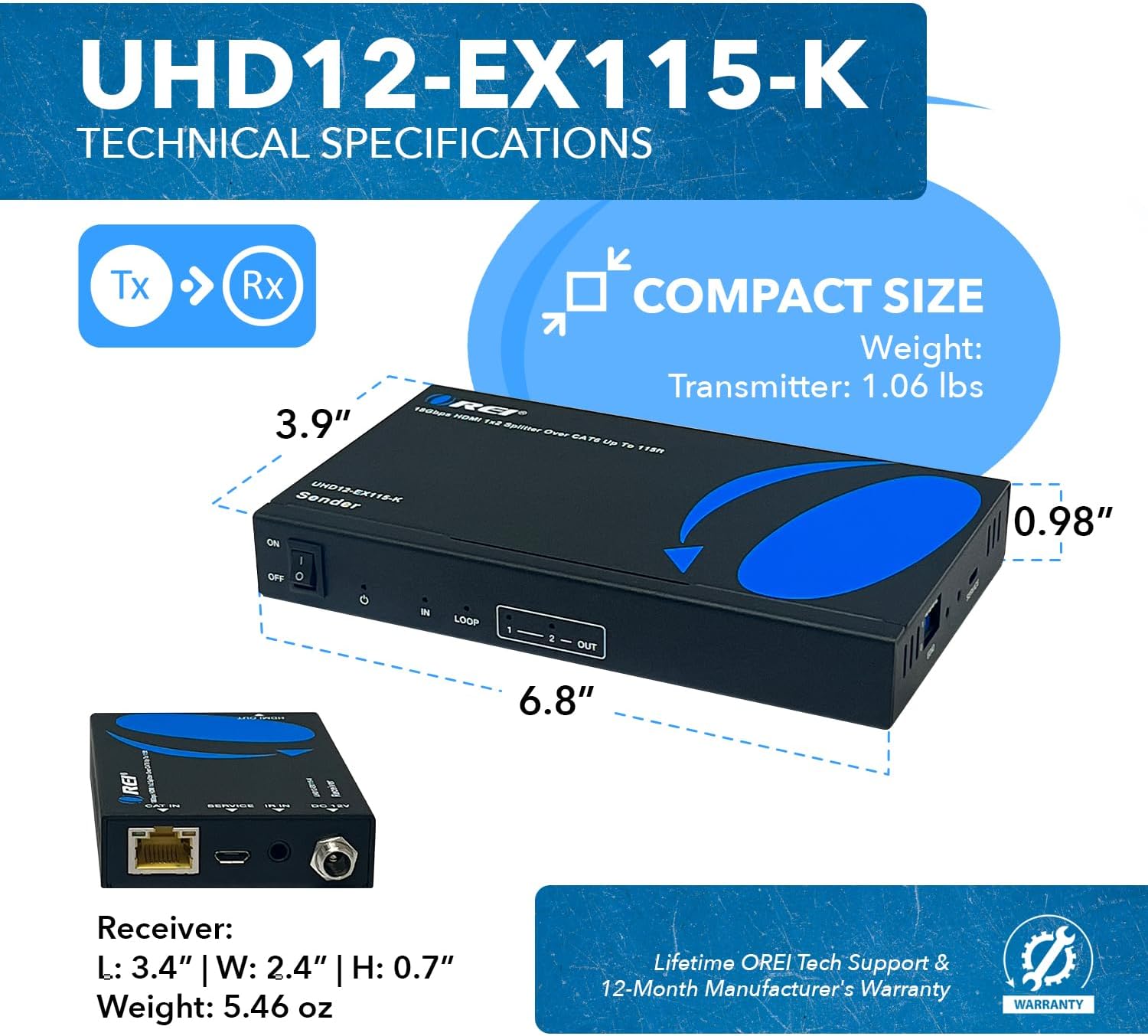 OREI 1x2 HDMI Extender Splitter 4K by Multiple Over Single Cable CAT6/7 4K@60Hz 4:4:4 HDCP 2.2 with IR Remote EDID Management - Up to 115 Ft - Loop Out - Low Latency - Full Support