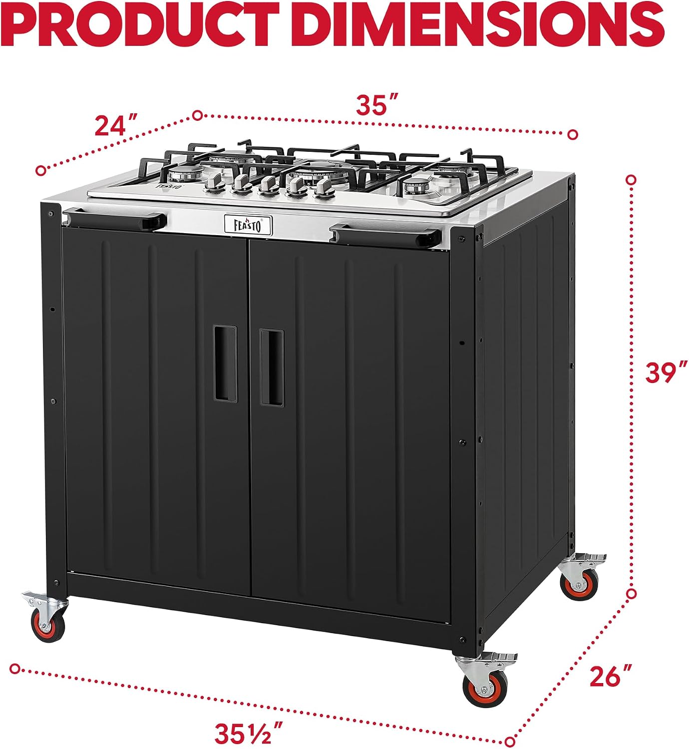 Feasto Gas Grill, Movable Outdoor Gas Stove Stainless Steel Top with Cabinet, 5 Burners with 36,200 BTUs, Outdoor Propane Grill for Outdoor Cooking, Ideal for Lawn & Garden, L35.4 x W24