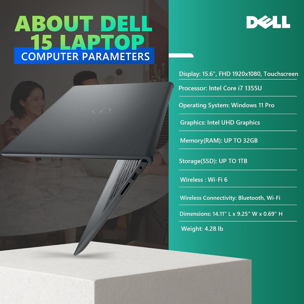 Dell 15 Touchscreen Laptop DC15250 for Business, Intel 10-Core i7-1355U, 15.6'' FHD Anti-Glare Display, 20GB RAM, 1TB SSD, Office 365 for the Web, Copilot AI, Webcam, Wi-Fi 6, Win 11 Pro, Black