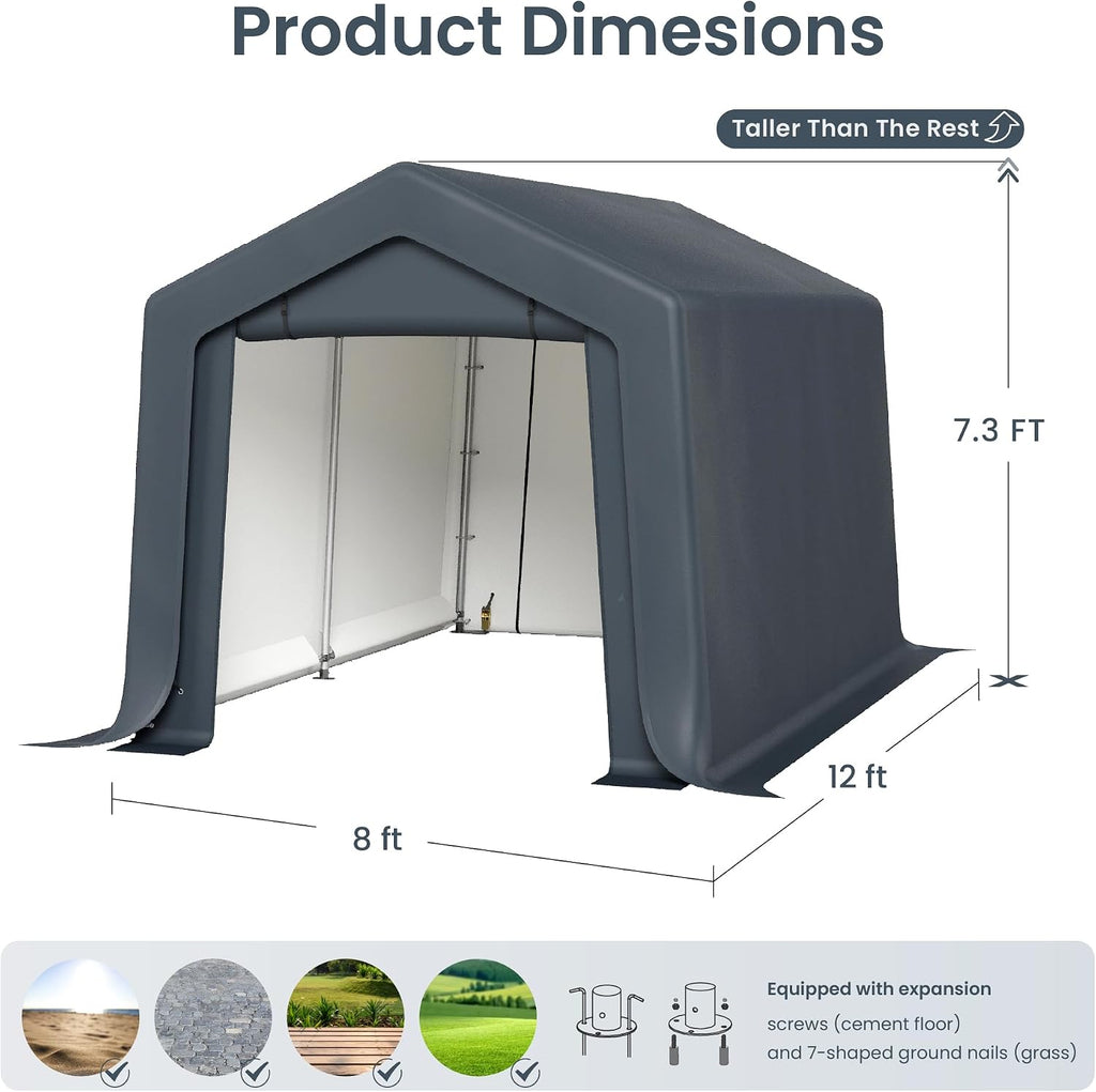 PHI VILLA 8x12ft Storage Shelter Shed, Portable Carports Outdoor Garage Canopy with Roll up Zipper Doors & Vents Waterproof UV Resistant Garages Tent for Cars,Boats,Tools, Motorcycle, Gray