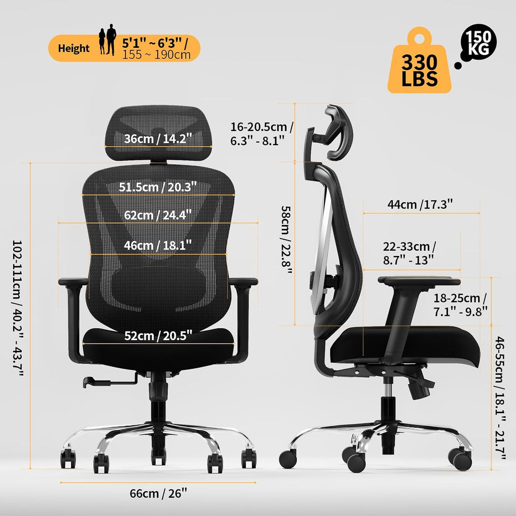 HOLLUDLE Ergonomic Mesh Office Chair - 3D Adjustable Lumbar Support & 3D Armrests, V-Shaped Back, Adjustable Desk Chair for Office & Home, Black