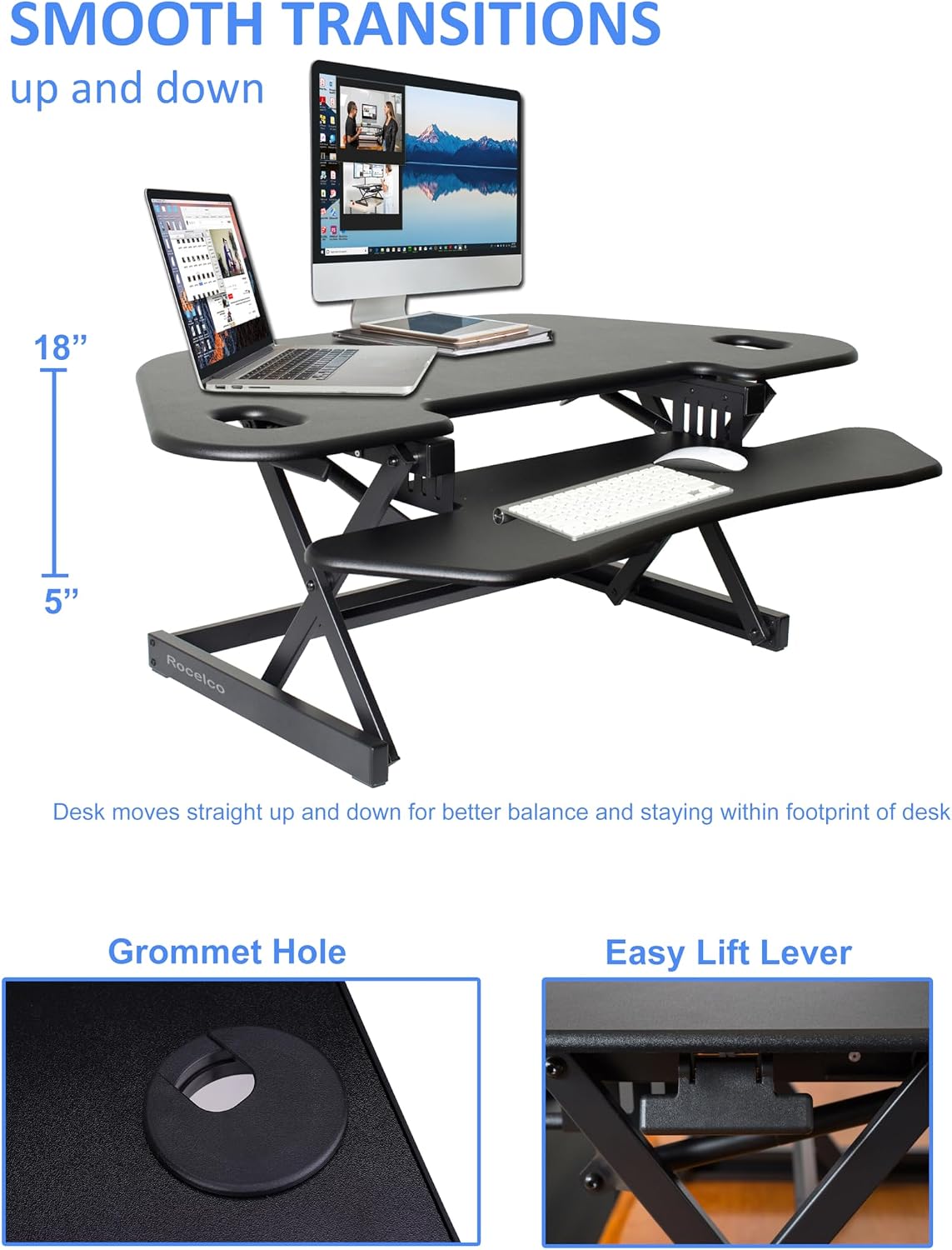 Rocelco 46' Height Adjustable Corner Standing Desk Converter - Quick Sit Stand Up Dual Monitor Riser - Gas Spring Assist Tabletop Computer Workstation - Large Keyboard Tray - Black (R CADRB-46)
