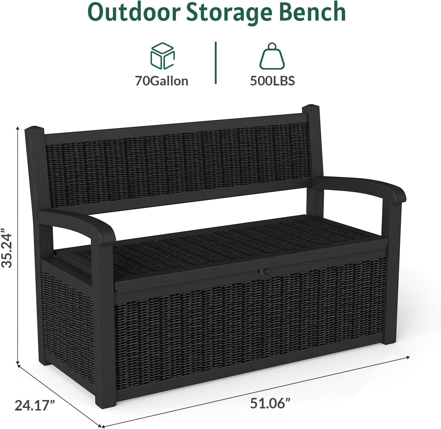 Skepphlay 70 Gallon Outdoor Storage Bench, Deck Box Bench with Armrest, Lockable Outside Benches with Storage, Deck Boxes Waterproof for Pool Patio Garden (Black)