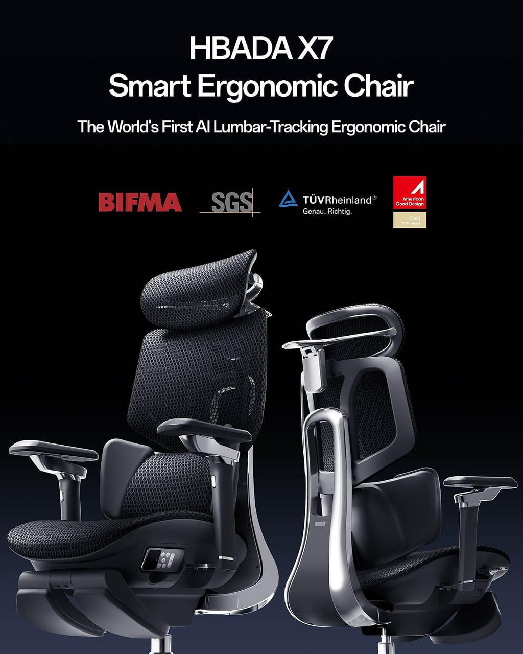 Hbada X7 Smart Ergonomic Chair, Ergonomic Office Chair, Fully Automated Lumbar Tracking, 4D Adjustable Headrest, 720° Adjustable Armrests, Ventilated Seat Cushion, Black
