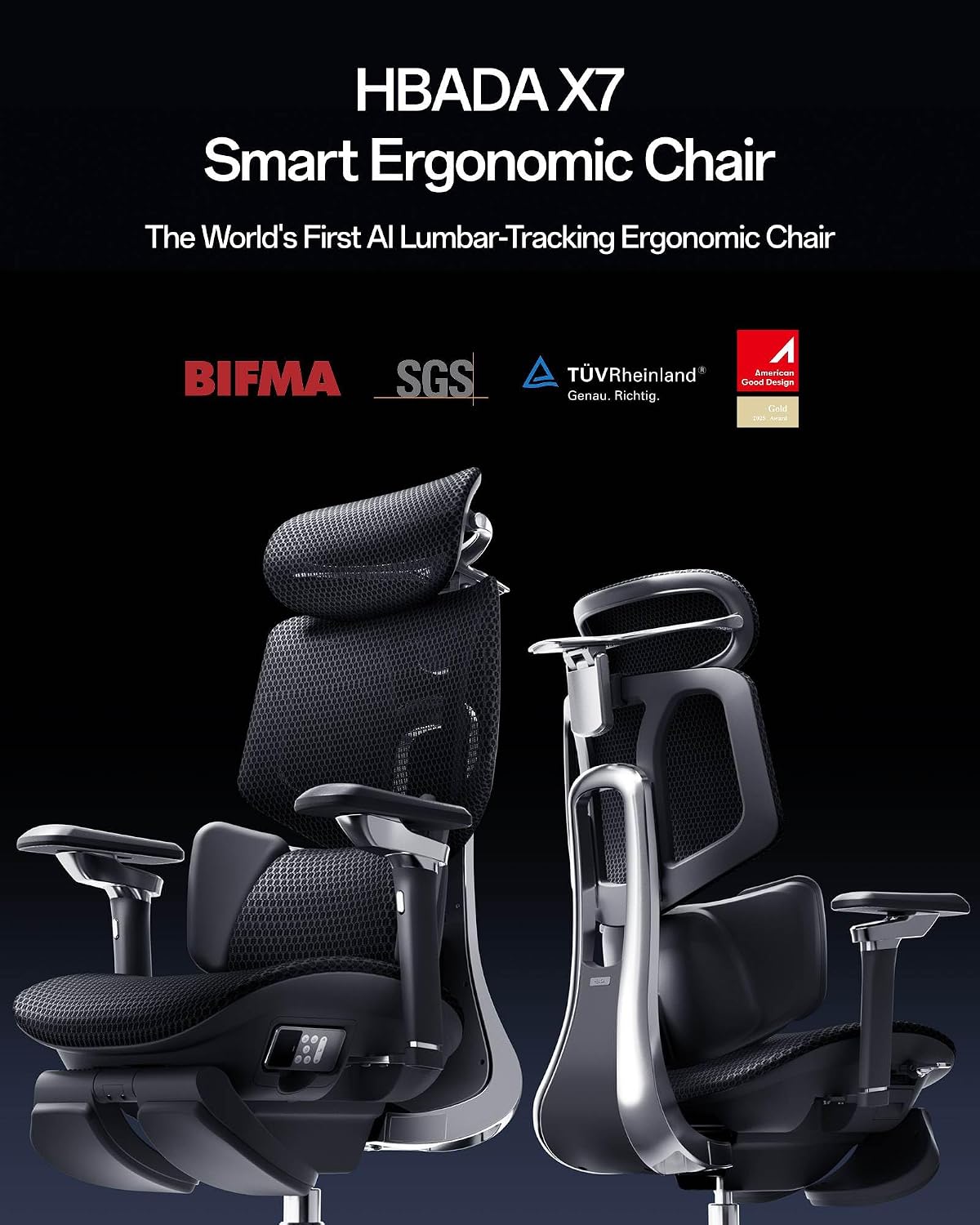 Hbada X7 Smart Ergonomic Chair, Ergonomic Office Chair, Fully Automated Lumbar Tracking, 4D Adjustable Headrest, 720° Adjustable Armrests, Ventilated Seat Cushion, Black