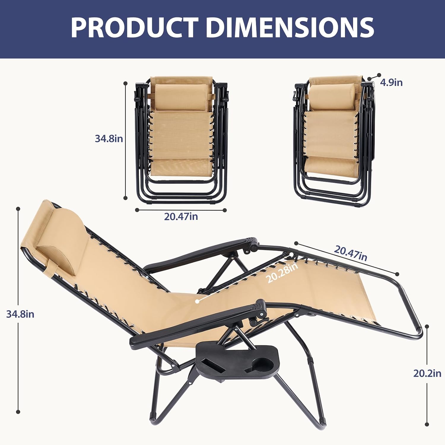 Sweetcrispy Zero Gravity Chairs, Set of 4 Portable Recliner Beach Camping Patio Outdoor Folding Lounge Chair with Cup Holder Trays and Adjustable Pillow for Poolside, Garden, Backyard, Lawn (Khaki)