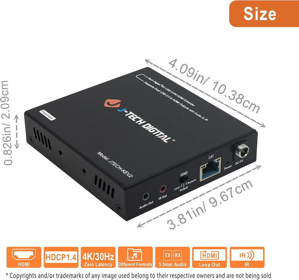J-Tech Digital 4K USB KVM HDMI Extender Over Cat6/6a/7 Ethernet up to 328 FT (1080P), KVM Over Ethernet, Supports HDMI 1.4 HDCP 1.4, 2 x USB, Near Zero Latency