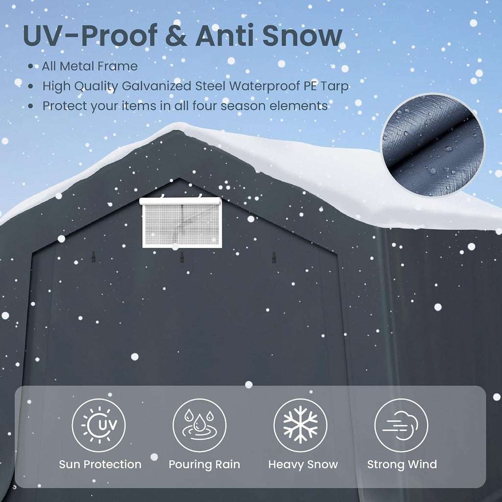 PHI VILLA 10X15ft Carport, Portable Carports Outdoor Storage Shelter Shed Garage Canopy with Roll up Zipper Doors & Vents Waterproof UV Resistant Garages Tent for Cars,Boats,Tools, Motorcycle, Gray