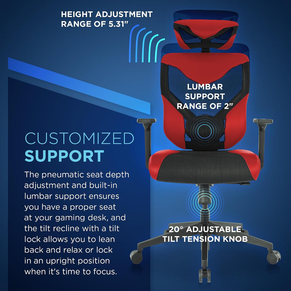 Tempur-Pedic Blaze Auto-Adaptive Ergonomic Gaming Chair with Lumbar Support and 3D Armrest Adjustment, Cooling Racing Style Gaming Chair, Red