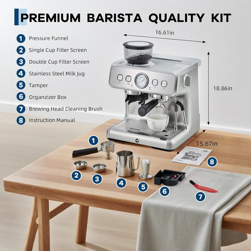20-Bar Espresso Machine with Grinder – Stainless Steel Coffee Maker – 2.8L Removable Tank, 30 Grind Settings, Adjustable Shot Volume, Milk Frother Steam Wand for Home or Office