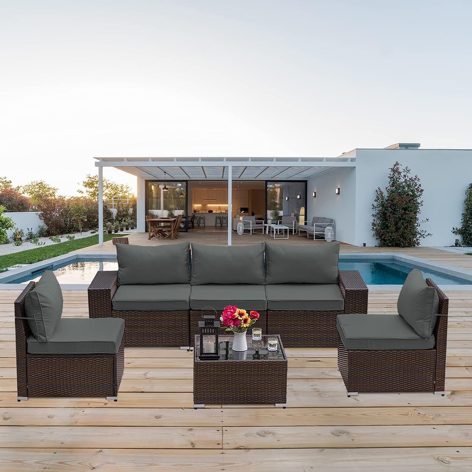 Kullavik Outdoor Patio Furniture Set 6 Pieces Sectional Rattan Sofa Set Brown PE Rattan Wicker Patio Conversation Set with 5 Seat Cushions and 1 Tempered Glass Table,Grey