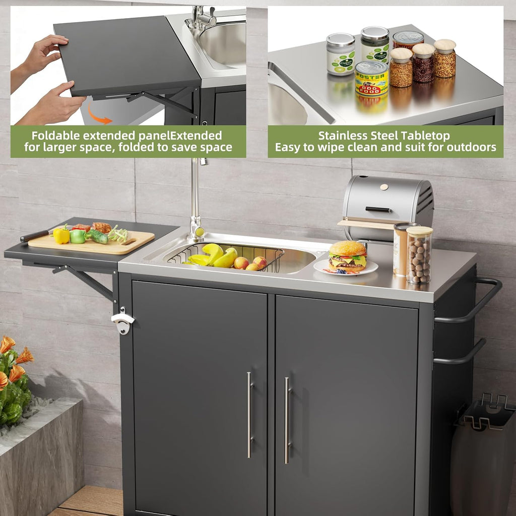 Outdoor Grill Table with Sink, Metal Worktable Kitchen Cabinet Island w/ 304 Stainless Steel Sink, Foldable Top and Storage Cabinet, Rolling Grill Cart with Wheels for Garden, Backyard and Lawn