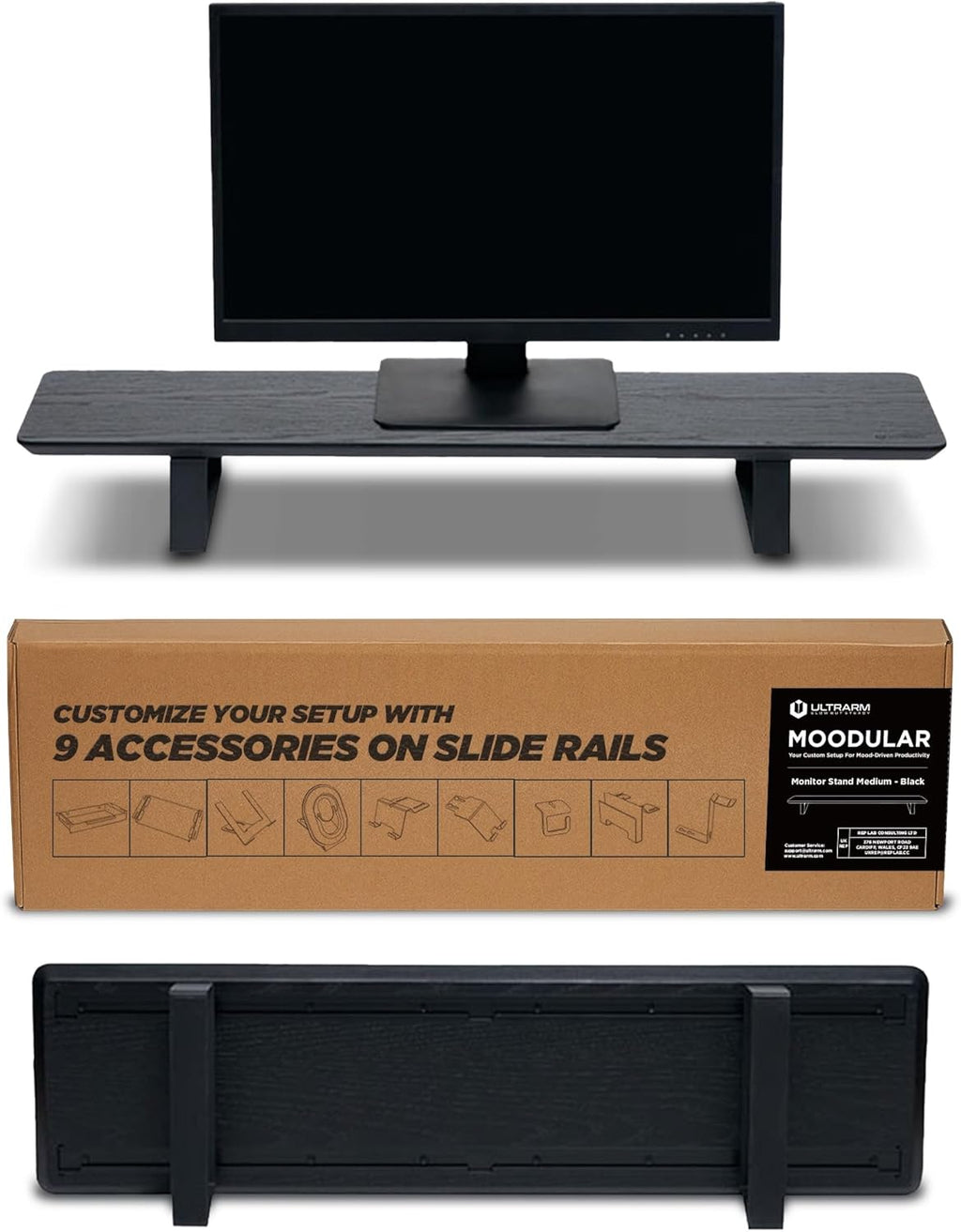 ULTRARM Moodular Wooden Monitor Stand 33.4' (85cm) Desk Organizer with Metal Slide Rails for Drawer, Tray, Laptop, Tablet, Phone & Headphones Customizable Riser for Organized Workspace Black MS85-B