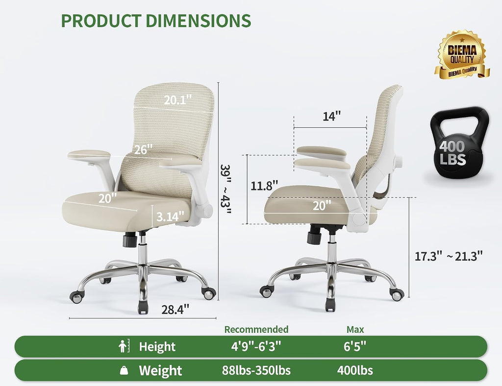 Ergonomic Office Chair - Home Office Desk Chairs Comfy, Computer Chair Ergonomic, Office Chairs with Lumbar Support, Executive Task Chair for Adults, Comfortable for Long Hours (White Beige)