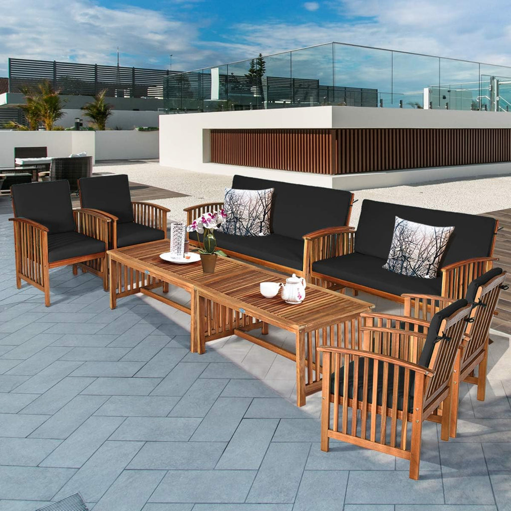 Tangkula 8 PCS Outdoor Acacia Wood Sofa Set with Water Resistant Cushions, Padded Patio Seating Chat Set w/Coffee Table for Garden, Backyard, Poolside (2, Black)