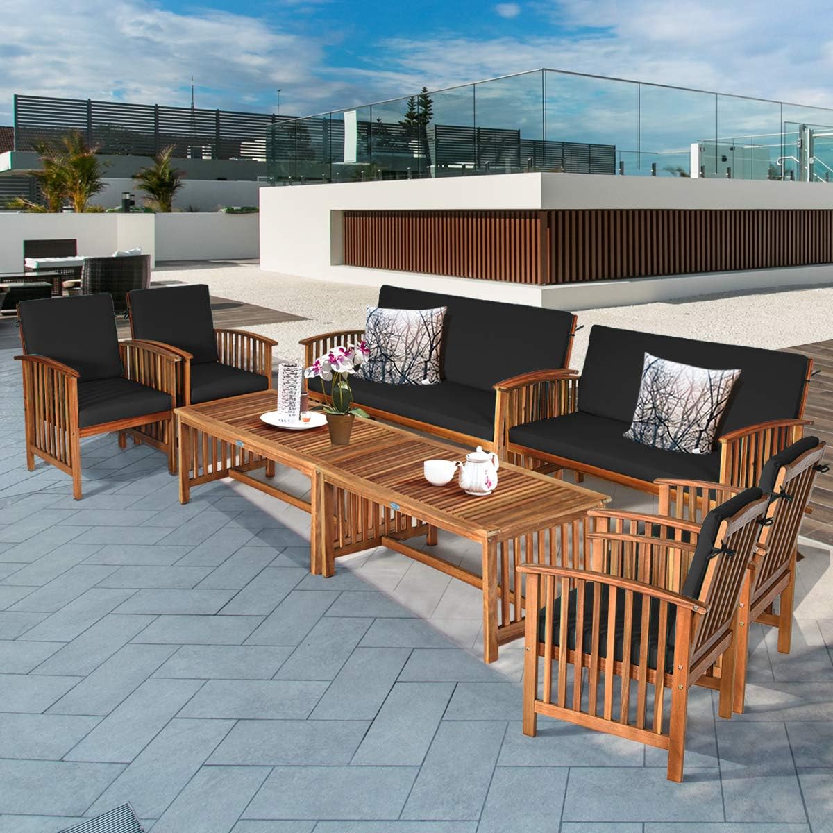 Tangkula 8 PCS Outdoor Acacia Wood Sofa Set with Water Resistant Cushions, Padded Patio Seating Chat Set w/Coffee Table for Garden, Backyard, Poolside (2, Black)