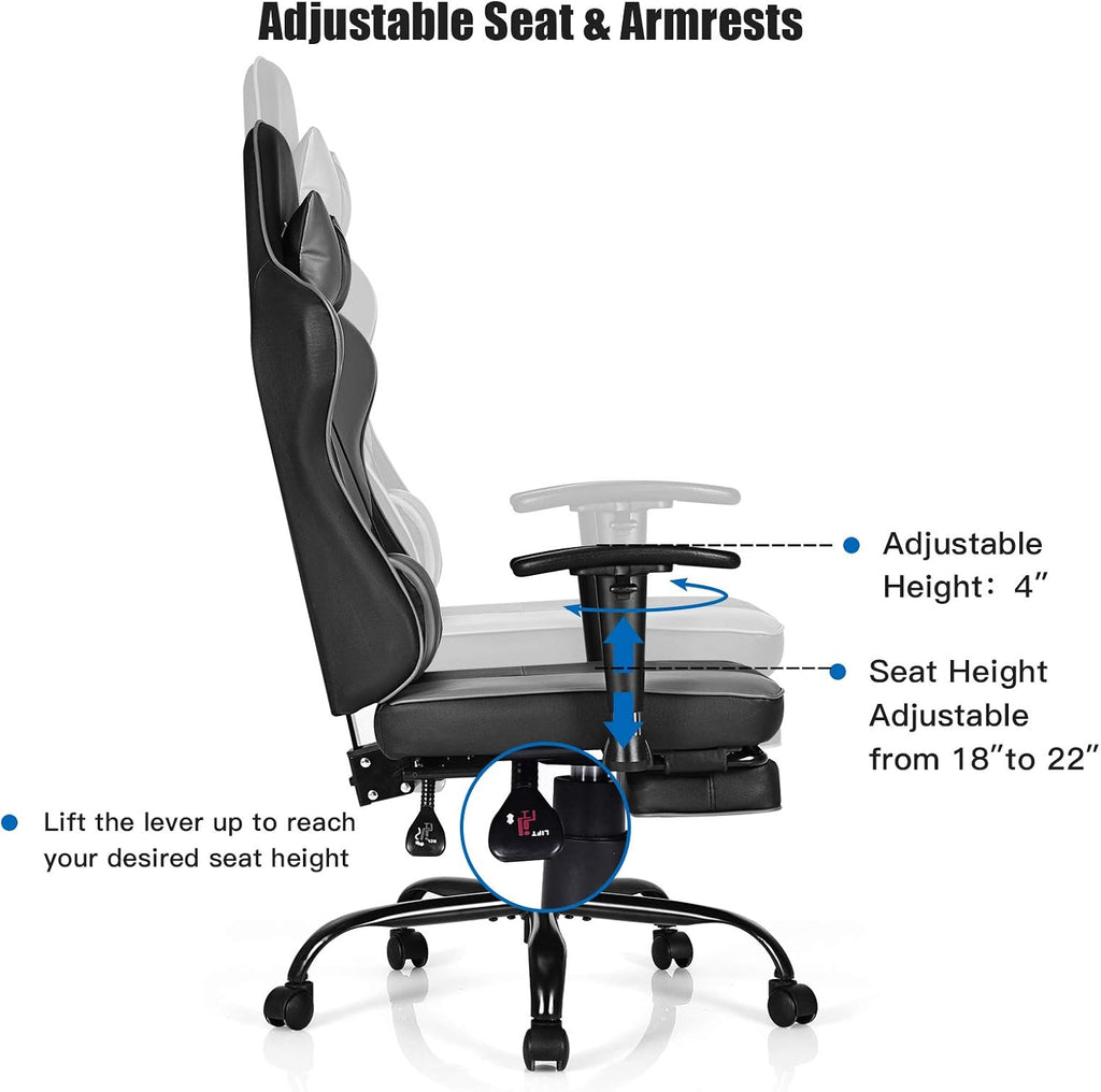 GYMAX Gaming Chair, High Back Computer Gaming Chair with Adjustable Armrests & Massage Lumbar Support, Swivel Ergonomic Reclining Office Chair (Black)