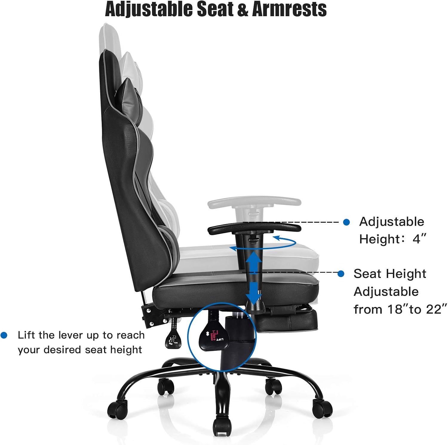 GYMAX Gaming Chair, High Back Computer Gaming Chair with Adjustable Armrests & Massage Lumbar Support, Swivel Ergonomic Reclining Office Chair (Black)