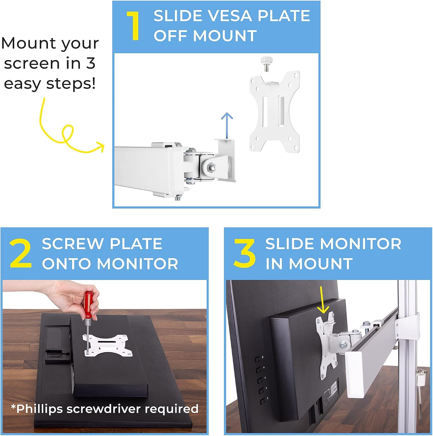 Stand Steady 4 Monitor Mount Desk Setup - Heavy-Duty Height Adjustable Monitor Stand, Swivel Arm with Clamp-On Base, Four Screen VESA Mount Fits Most LCD/LED Monitors 17-32 in. (Silver, 4 Mounts)