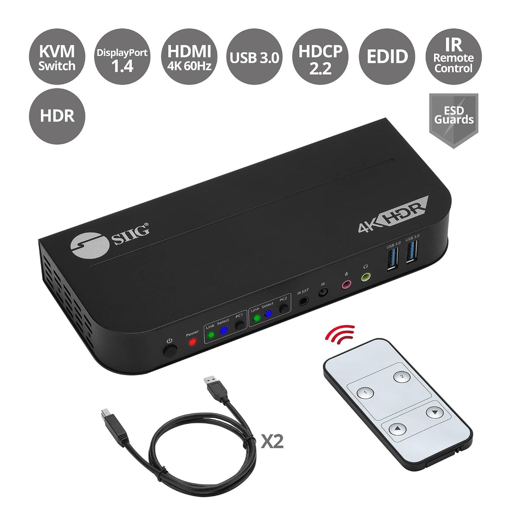 SIIG 2-Port 4K KVM Switch DisplayPort with Remote Control, DP or HDMI Output, 2X USB 3.2 Type-A Ports, Support DisplayPort 1.4/1.2, EDID Bypass, Compatible with Windows and Mac (CE-KV0C11-S1)