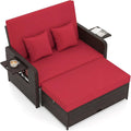 Tangkula Patio Rattan Daybed with 4-Level Adjustable Backrest, Outdoor PE Wicker Loveseat with Storage Ottoman & Folding Side Tray, Double Sunbed Lounger for Balcony, Backyard & Poolside, Red & Brown