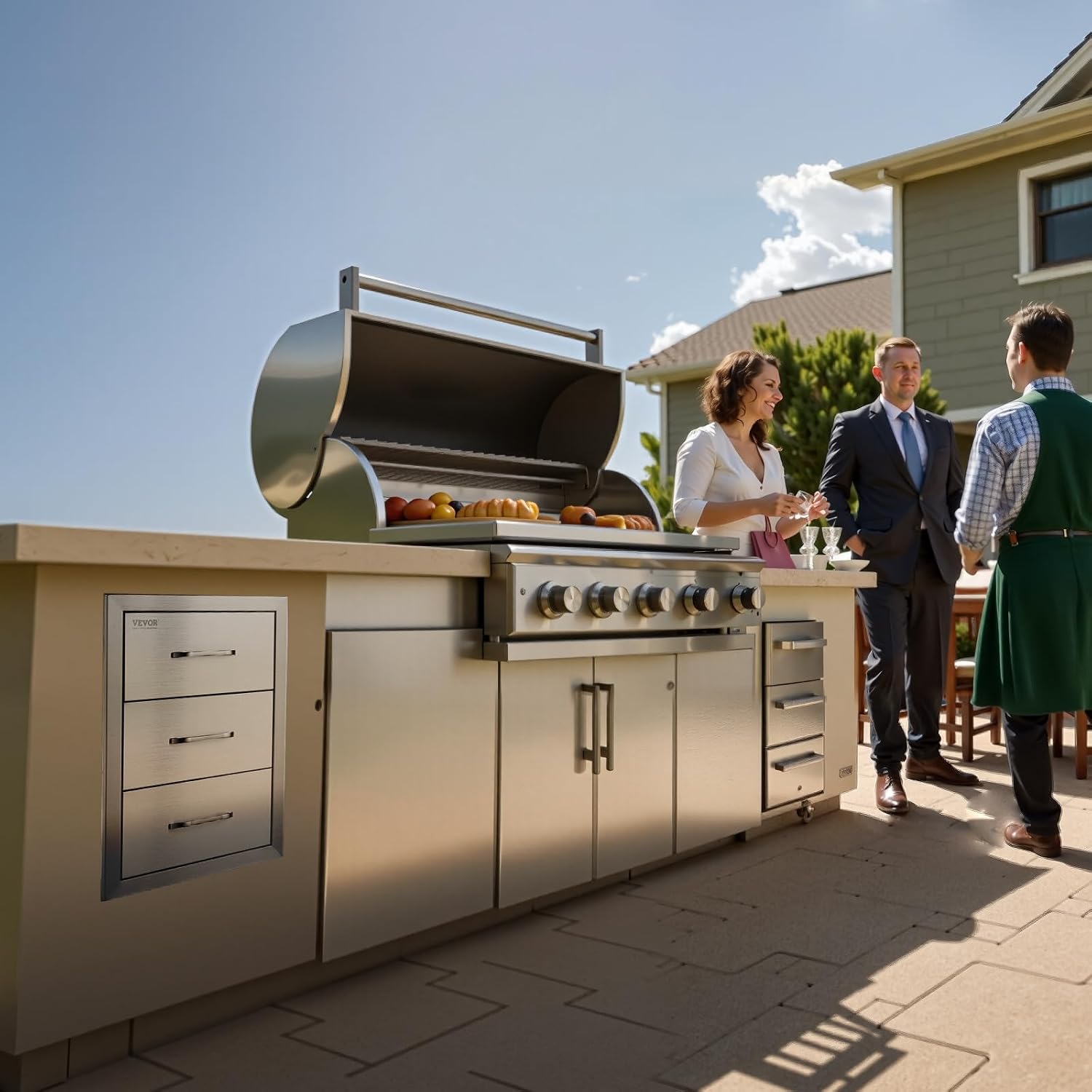 VEVOR Outdoor Kitchen Drawer 16' W x 21.5' H x 18' D, Outdoor Kitchen Cabinets, BBQ Drawer Stainless Steel, Flush Mount Triple Access, with Handle, BBQ Island, Outdoor Grill Patio Grill Station