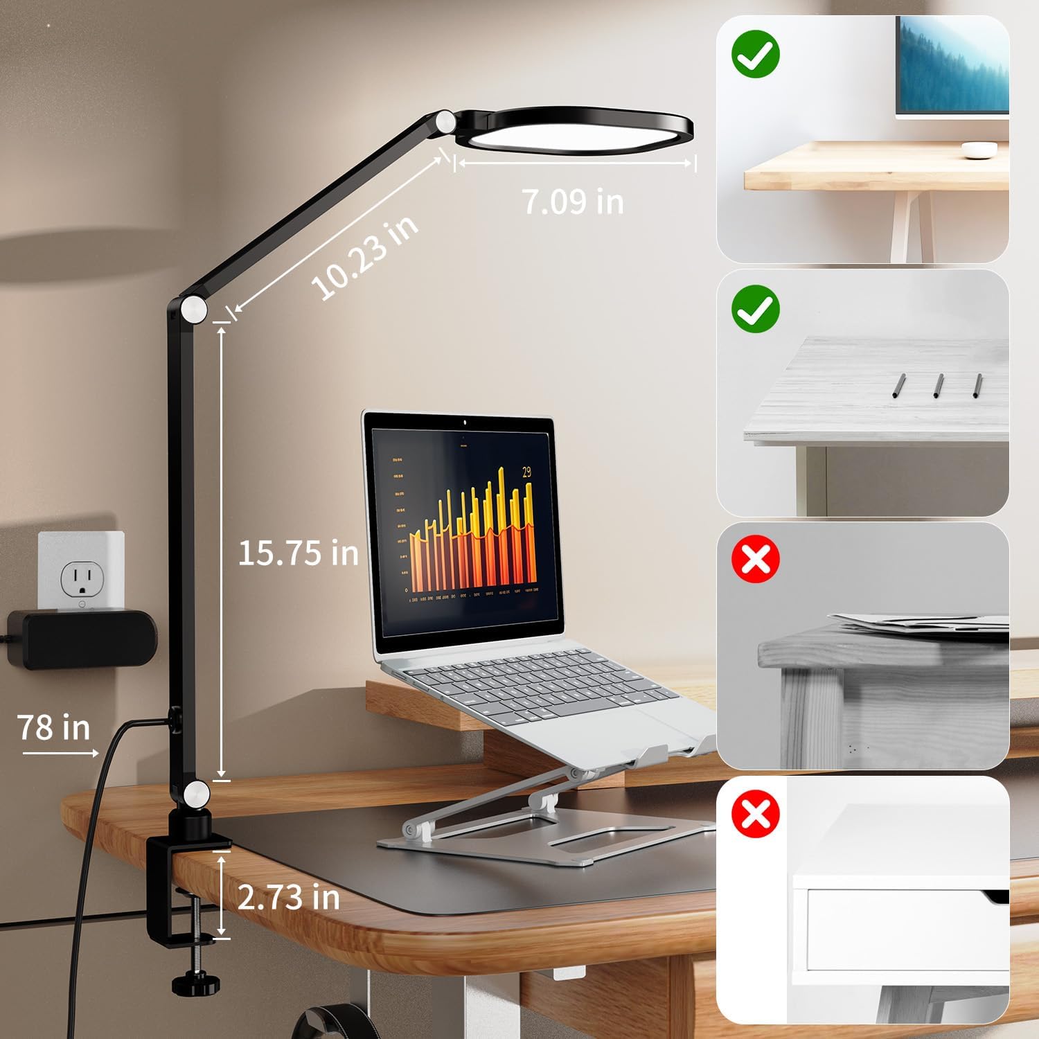 LitONES 2 Packs Led Desk Lamps for Home Office, 1200LM Dimmable Clamp-on Desktop Light, Adjustable Swing Arm Ring Light with Stand, Memory & Timer Function, Eye-Caring Design