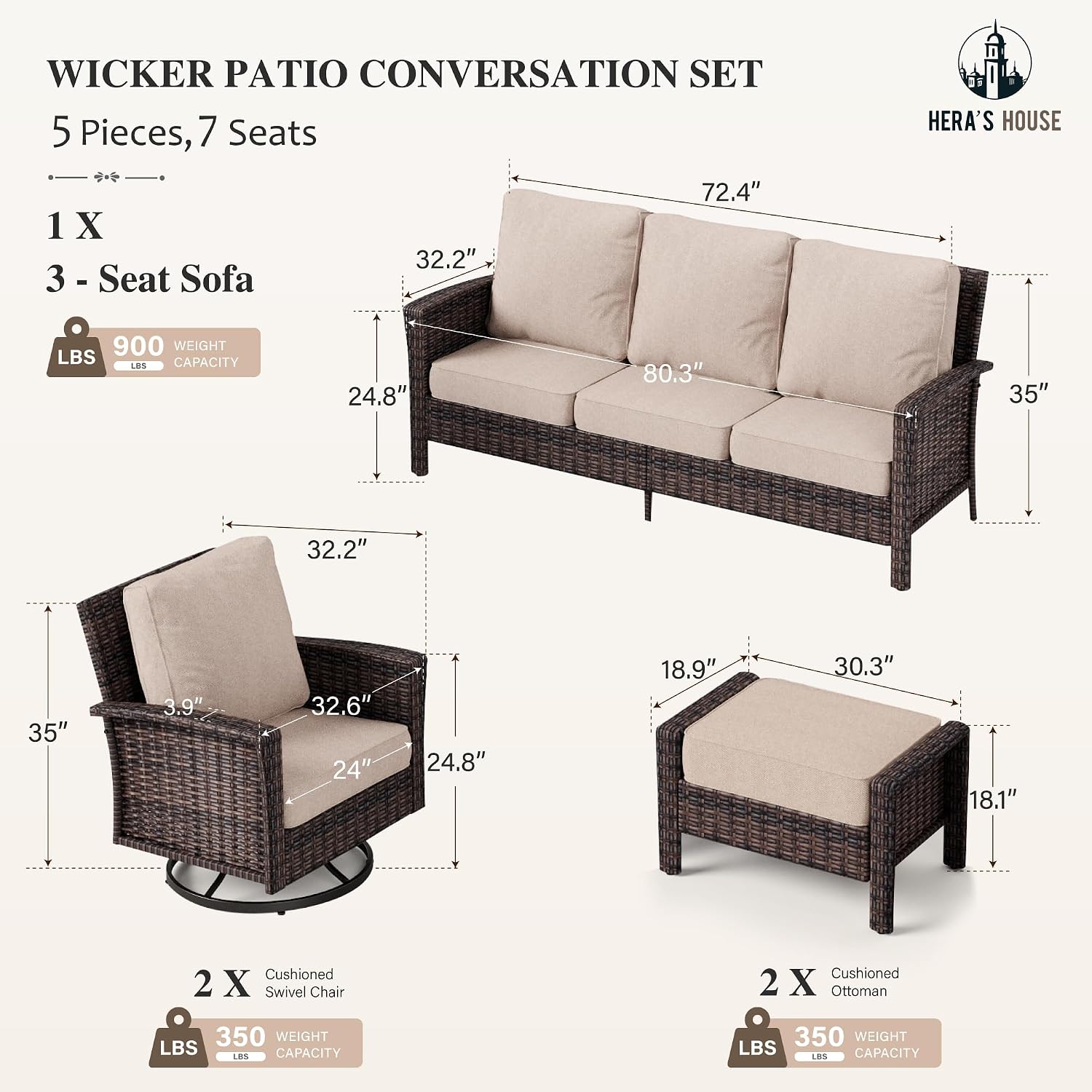 HERA'S HOUSE Patio Furniture Set with Swivel Chairs, High Back Outdoor Wicker Furniture with 5.5' Thick Cushions, Outside Conversation Sofa Sets for Backyard Deck Lawn, Beige