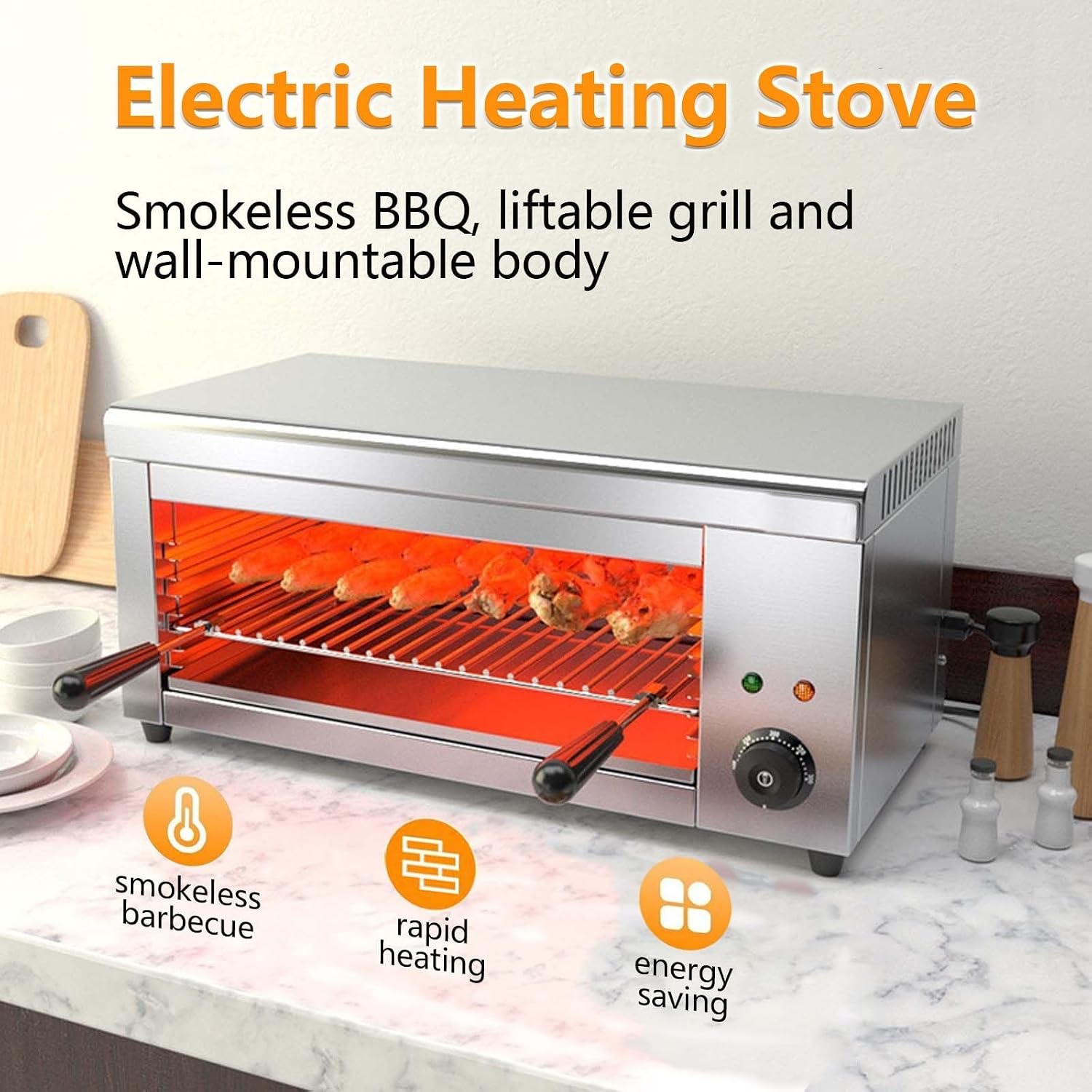 Stainless Steel Indoor Electric Grill, 2000W & 30L Family Size - 4 Height-Adjustable Racks, 50-300°C Thermostat, No Oil Smoke, Wall Mountable For Space Saving