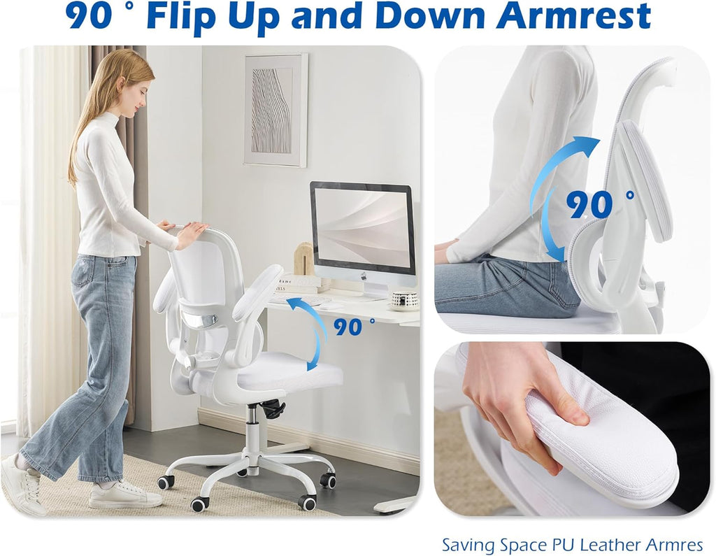 TRALT Ergonomic Office Chair - Desk Chair with Adjustable Lumbar Support Computer Chair - Mesh Comfy Chair with Flip-up Armrests - Gaming Chairs for Adults Home Office (Leather, White)