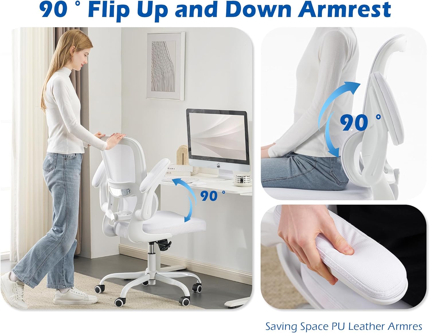 TRALT Ergonomic Office Chair - Desk Chair with Adjustable Lumbar Support Computer Chair - Mesh Comfy Chair with Flip-up Armrests - Gaming Chairs for Adults Home Office (Leather, White)