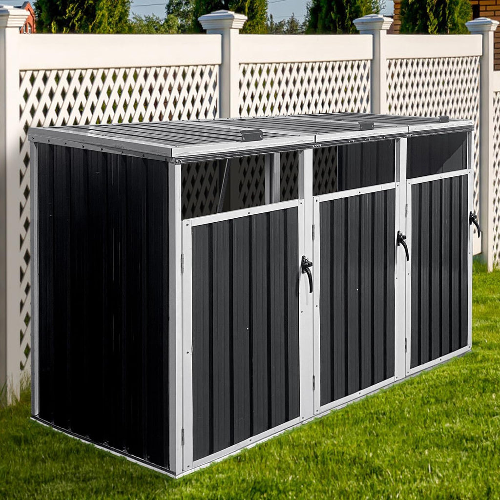Outdoor Trash Can Storage, Garbage Bin Shed Stores, Trash Can Storage Cabinet Outside, Metal Outdoor Storage Shed for Garbage Cans, Garden Accessories, Backyard, and Patio Use, Lockable, Grey