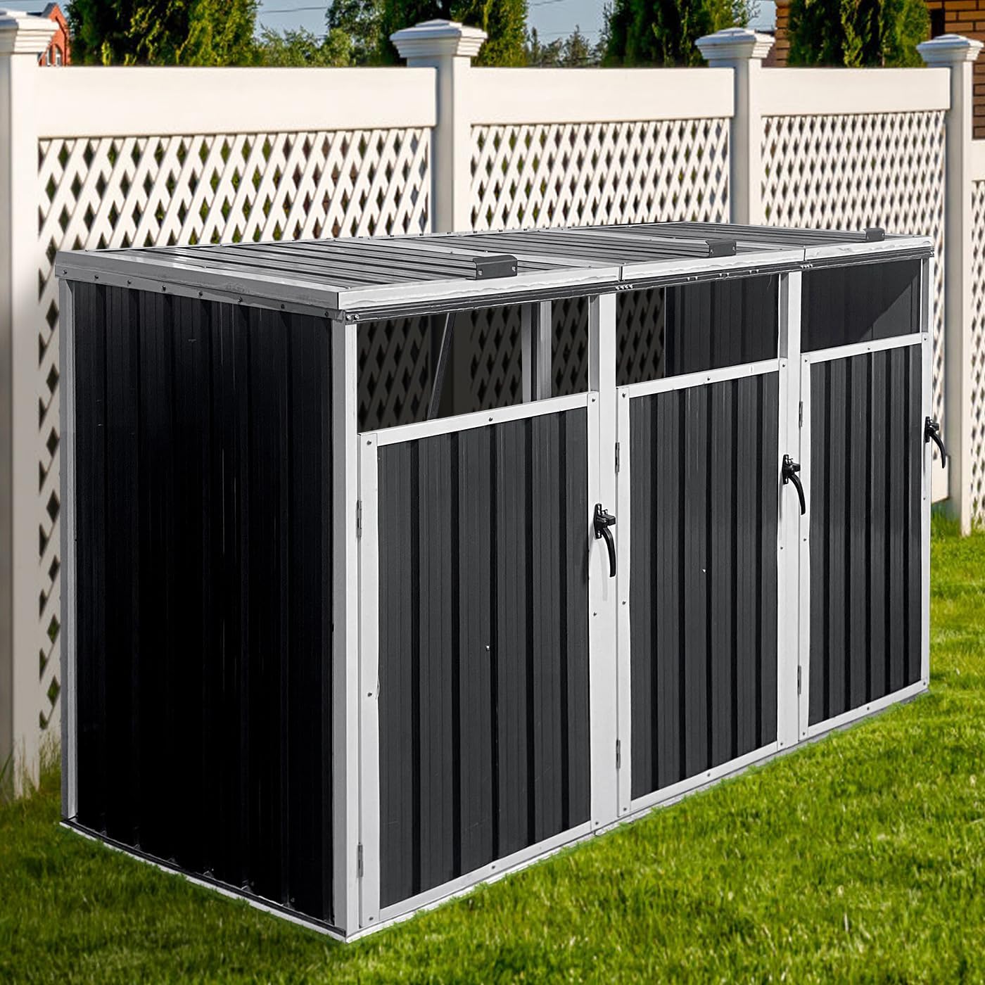 Outdoor Trash Can Storage, Garbage Bin Shed Stores, Trash Can Storage Cabinet Outside, Metal Outdoor Storage Shed for Garbage Cans, Garden Accessories, Backyard, and Patio Use, Lockable, Grey