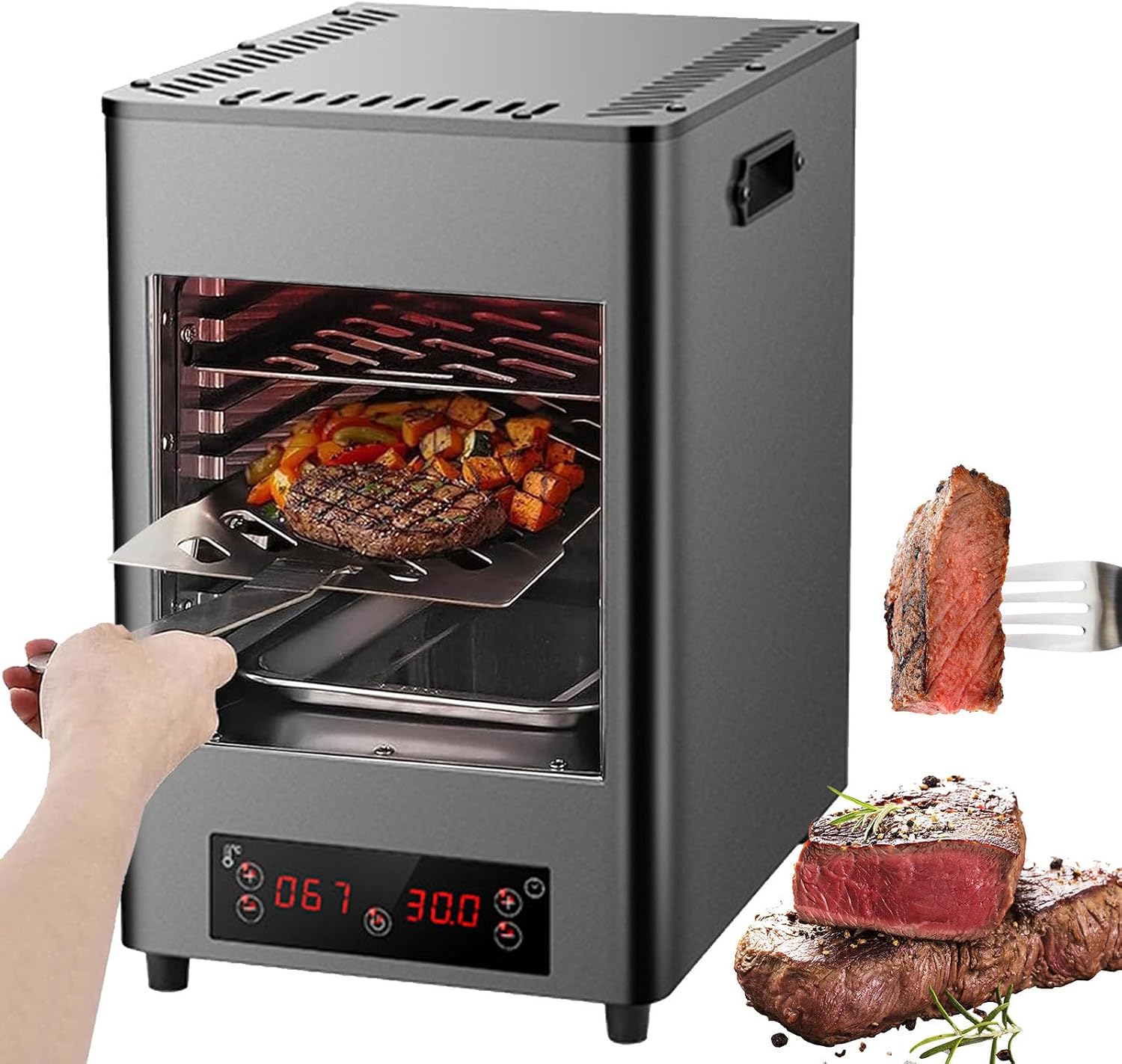 Commercial Indoor Steak Grill/Electric Steak Broiler - 30 Min Time/8 Gears Temperature Adjustable(100-800℃),8-Layer Portable Countertop Oven for Beef Chicken Vegetables,1700w,Grey