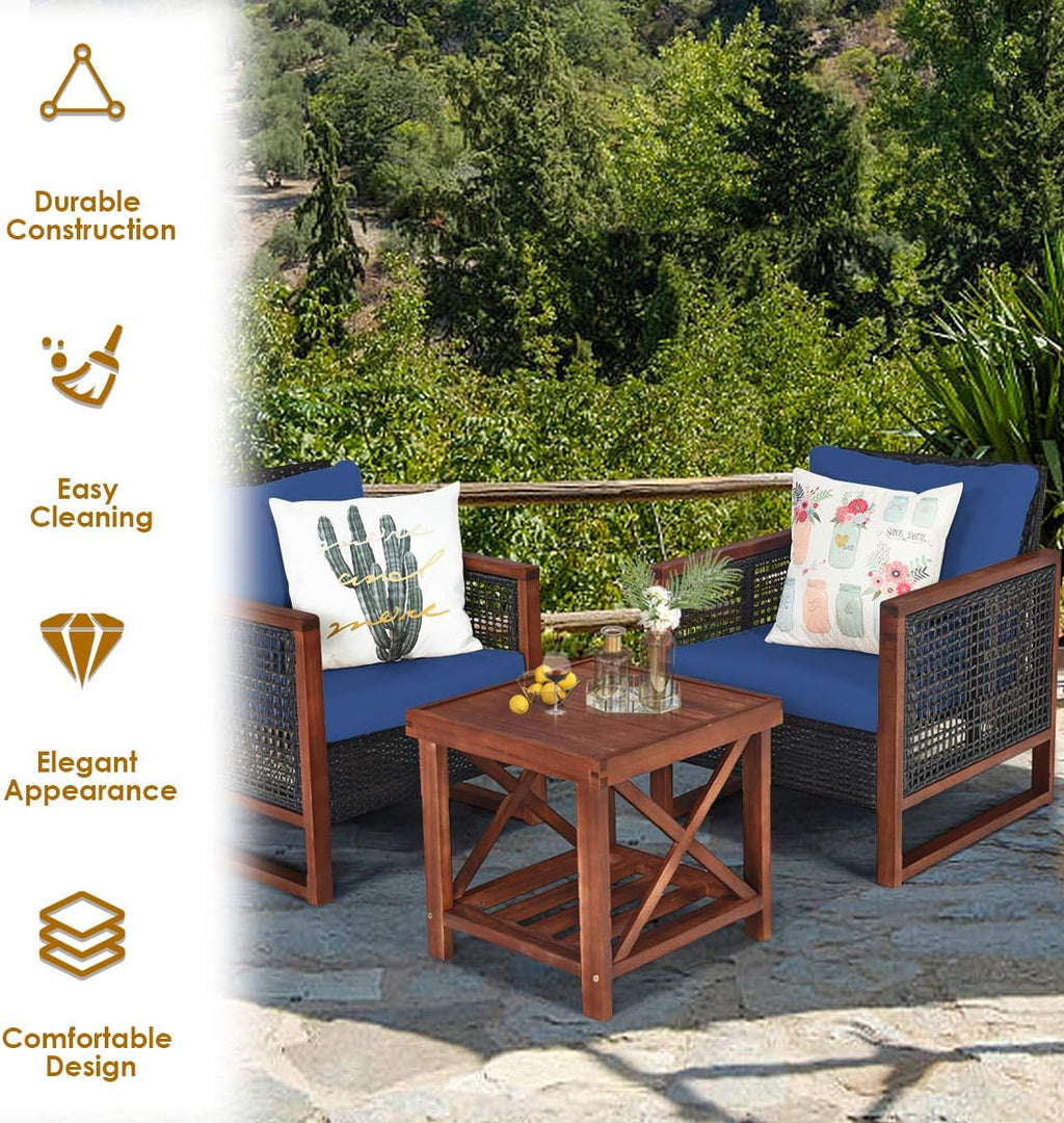 HAPPYGRILL 3 Pieces Outdoor Patio Furniture Set Wicker Chairs with Coffee Table, Balcony Porch Furniture Bistro Set with Acacia Wood Frame and Washable Cushions for Garden Poolside Backyard