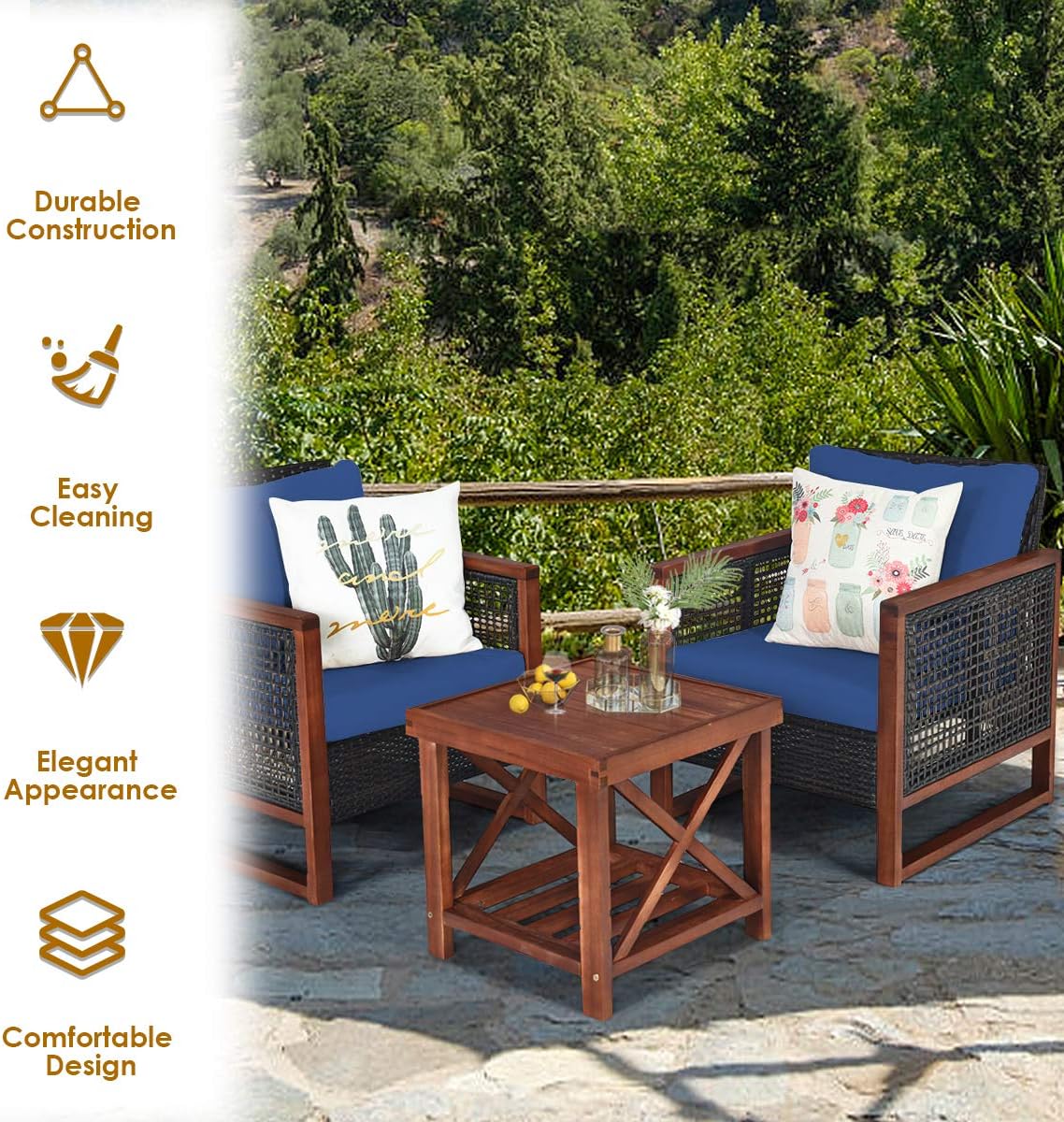 HAPPYGRILL 3 Pieces Outdoor Patio Furniture Set Wicker Chairs with Coffee Table, Balcony Porch Furniture Bistro Set with Acacia Wood Frame and Washable Cushions for Garden Poolside Backyard