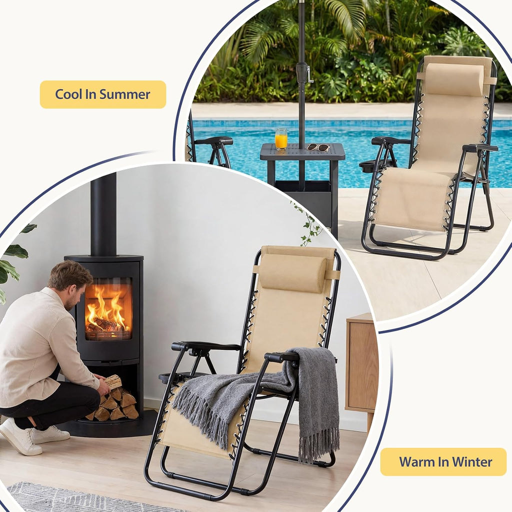 Sweetcrispy Zero Gravity Chairs, Set of 4 Portable Recliner Beach Camping Patio Outdoor Folding Lounge Chair with Cup Holder Trays and Adjustable Pillow for Poolside, Garden, Backyard, Lawn (Khaki)