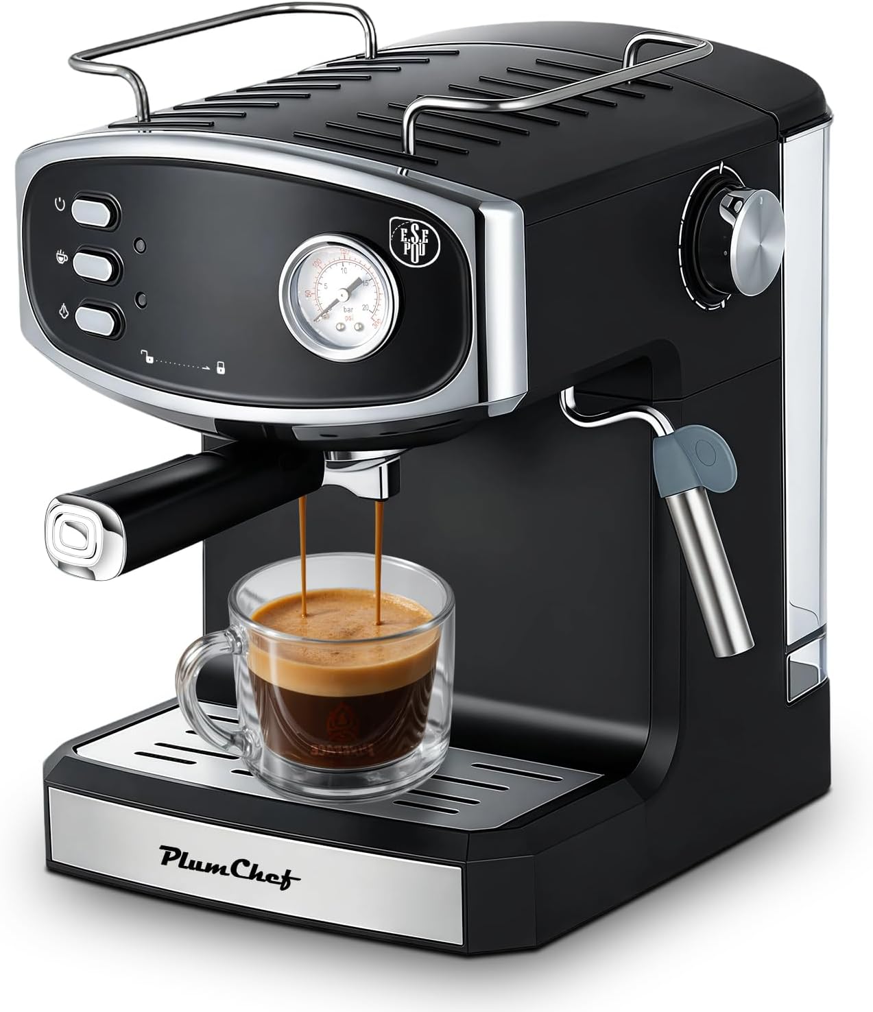 Plum chef 20 Bar Espresso Coffee Maker for Home - Professional Compact Coffee Maker witn Steam Wand Milk Frother, Pressure Gauge, 54oz Tank - Low Noise Fast Brew for Cappuccino, Latte,black