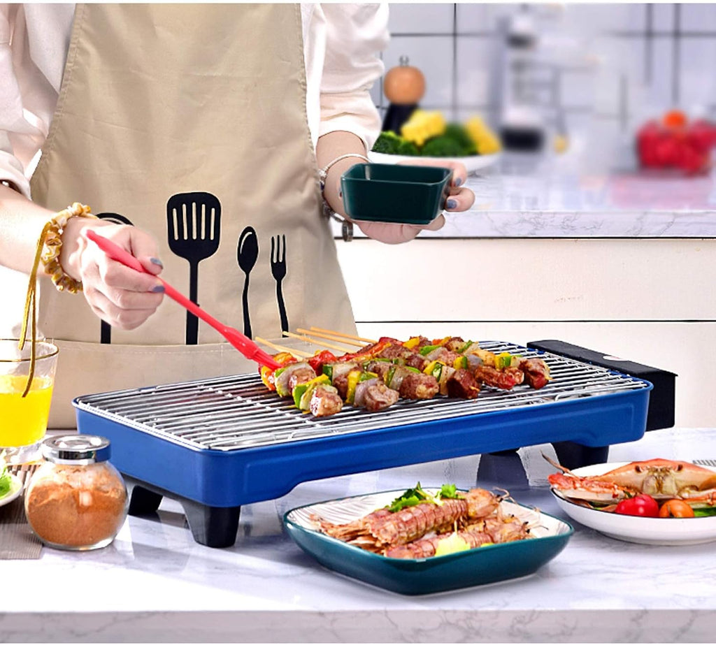 Barbecue Desk Indoor Electric Grill Smokeless Grill 1500W Electric BBQ Grill and Non-Stick Grill Plates with Temperature Control Removable Drip Tray Blue Tabletop Barbecue