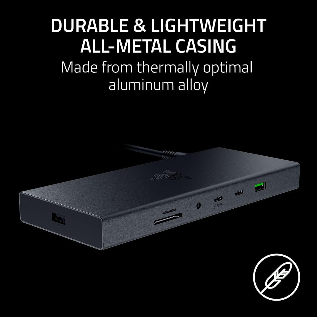 Razer USB 4 Dock: 14 Ports (Type C, Type A, HDMI, DP, Ethernet, SD, 3.5mm) - Dual Monitor Up to 4K 120 Hz - Laptop & Phone Fast Charge - Durable Lightweight Casing - Windows & Mac Compatible - Black