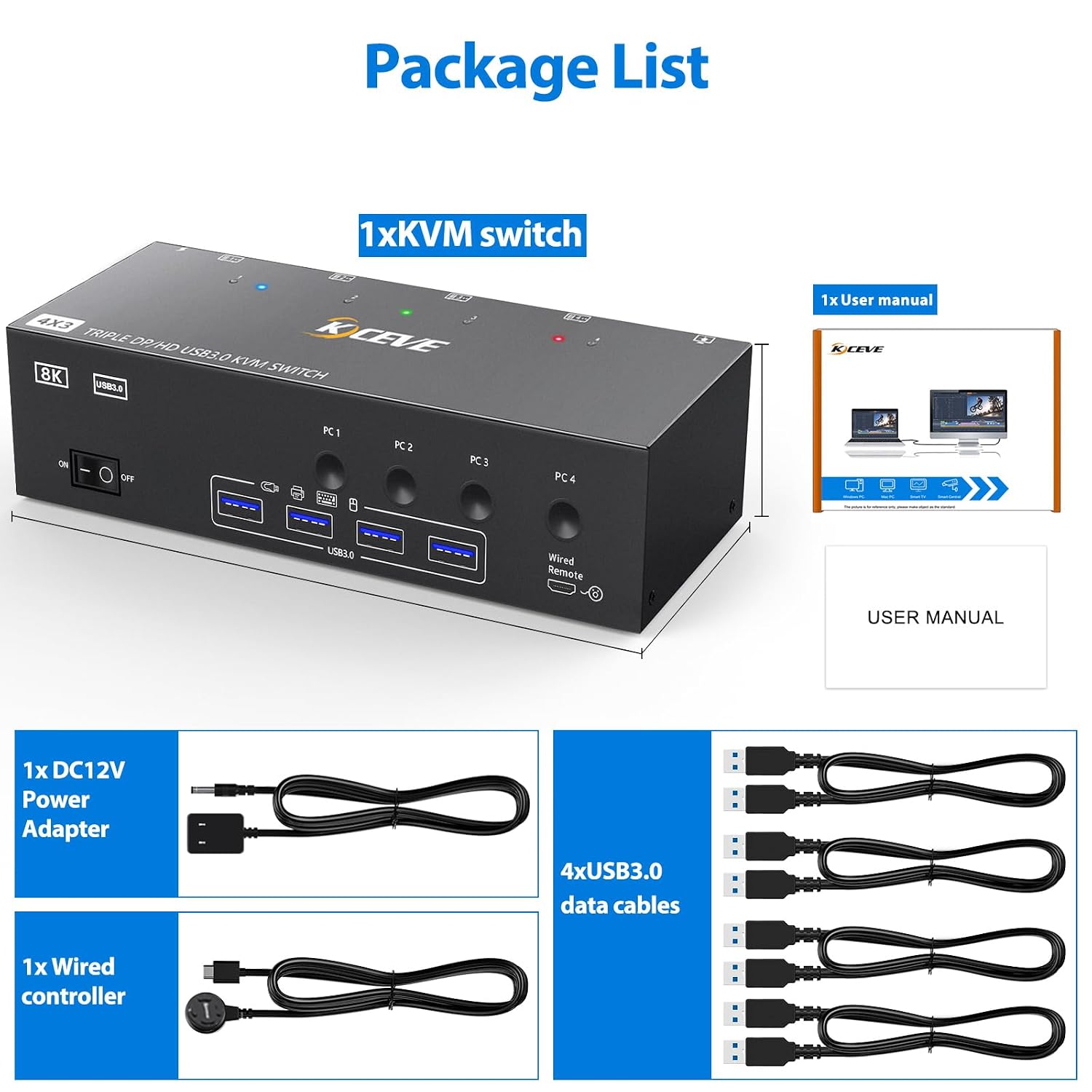 KVM Switch 3 Monitors 4 Computers HDMI + DisplayPort, KCEVE USB 3.0 DP KVM Switcher, 8K@30Hz/4k@144Hz DP KVM for 4 PC Share 3 Display and 4 USB 3.0 Devices