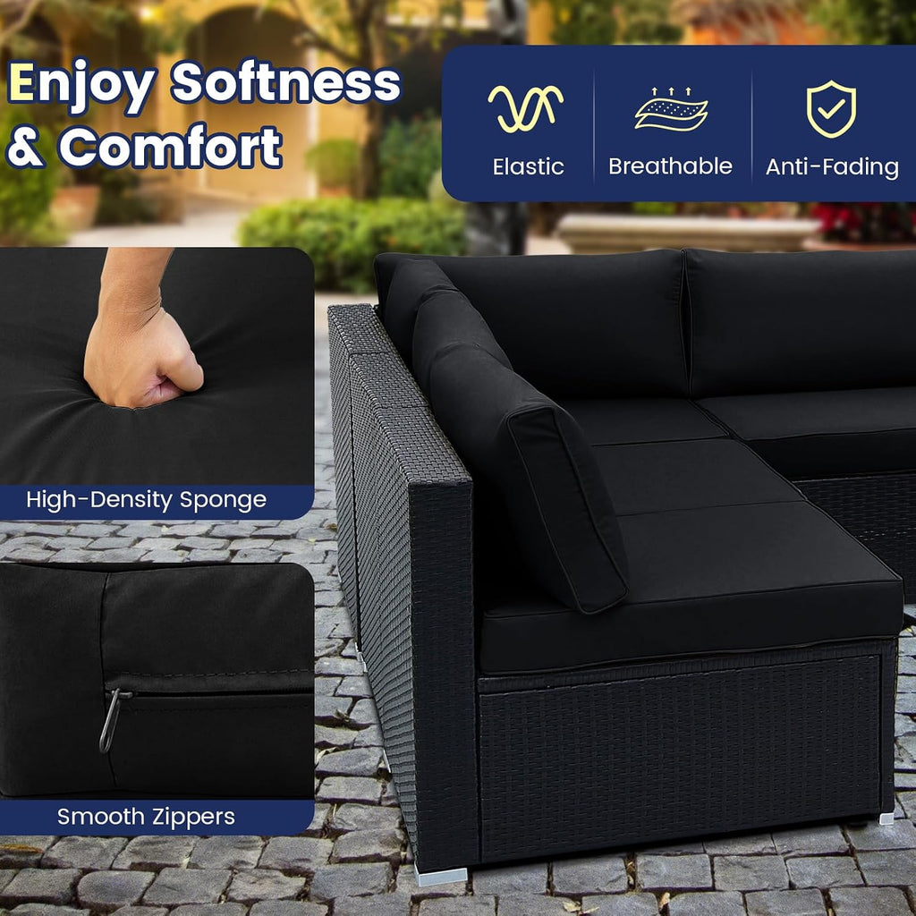 Tangkula 10 Piece Patio Sofa Set, Patiojoy Outdoor Wicker Conversation Set with Seat & Back Cushions, Tempered Glass Tabletop, Sofa Fastener Clips Included, Rattan Furniture Set for Backyard, Poolside
