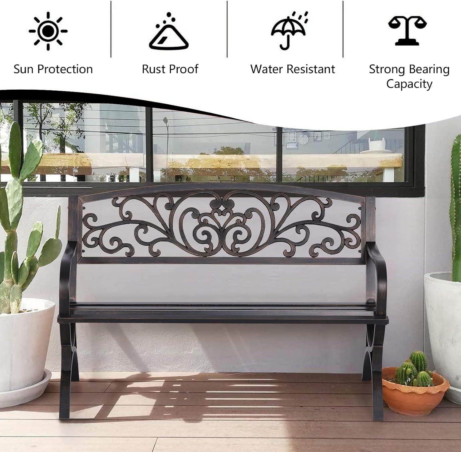 Sophia & William Metal Outdoor Bench, 50' Outdoor Garden Bench Patio Park Bench, Cast Iron Park Benches for Outside with Floral Design Backrest, Bronze