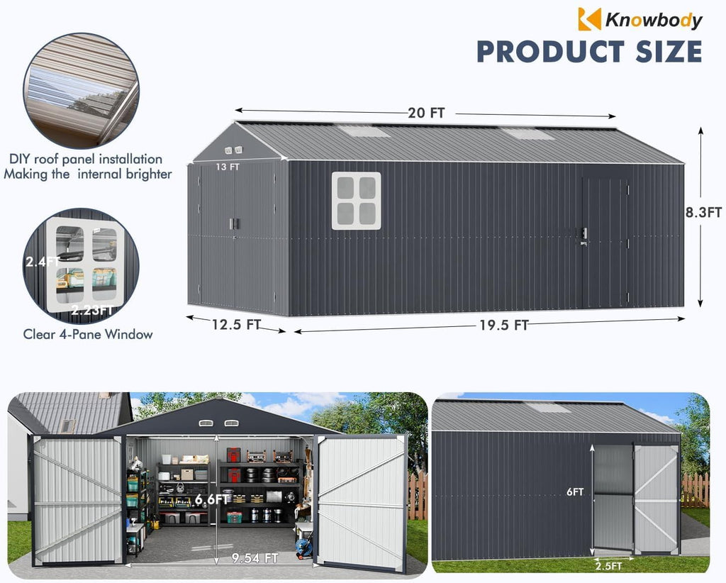 K Knowbody 13x20x8.3 FT Metal Garage Shed with Base Floor Kit, Ultra-Reinforced Powder-Coated 18-Gauge Steel Frame, 100 PSF Snow & 150 MPH Wind Rated, Skylight Dual-Entry Carport Workshop